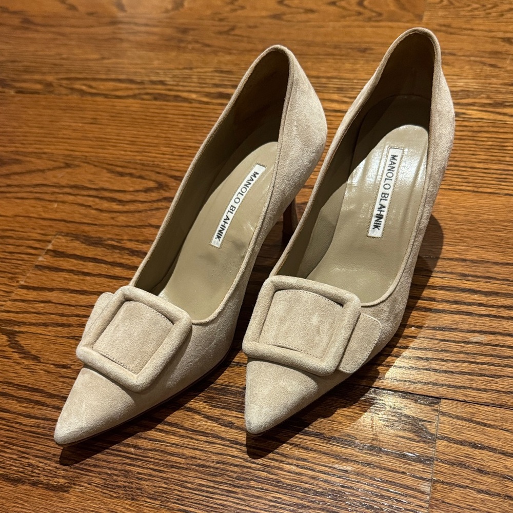 Manolo Blahnik Taupe Suede Heels with Buckle